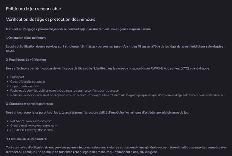 Blazebet Casino jeu responsable